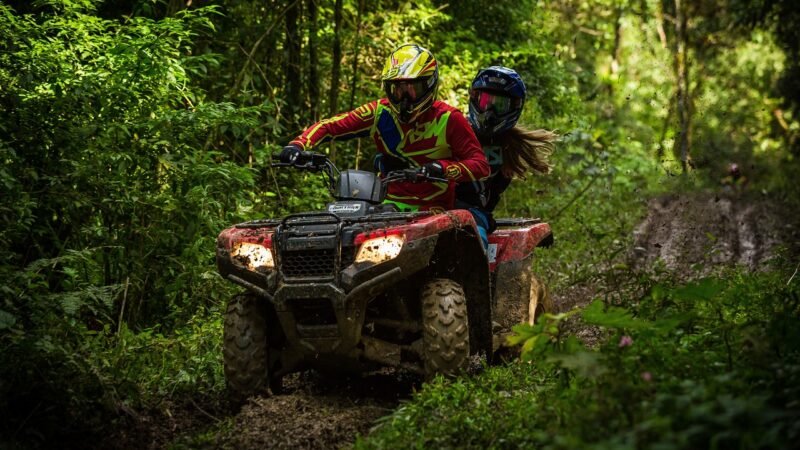 Two people riding an all-terrain vehicle through a forest trail.
